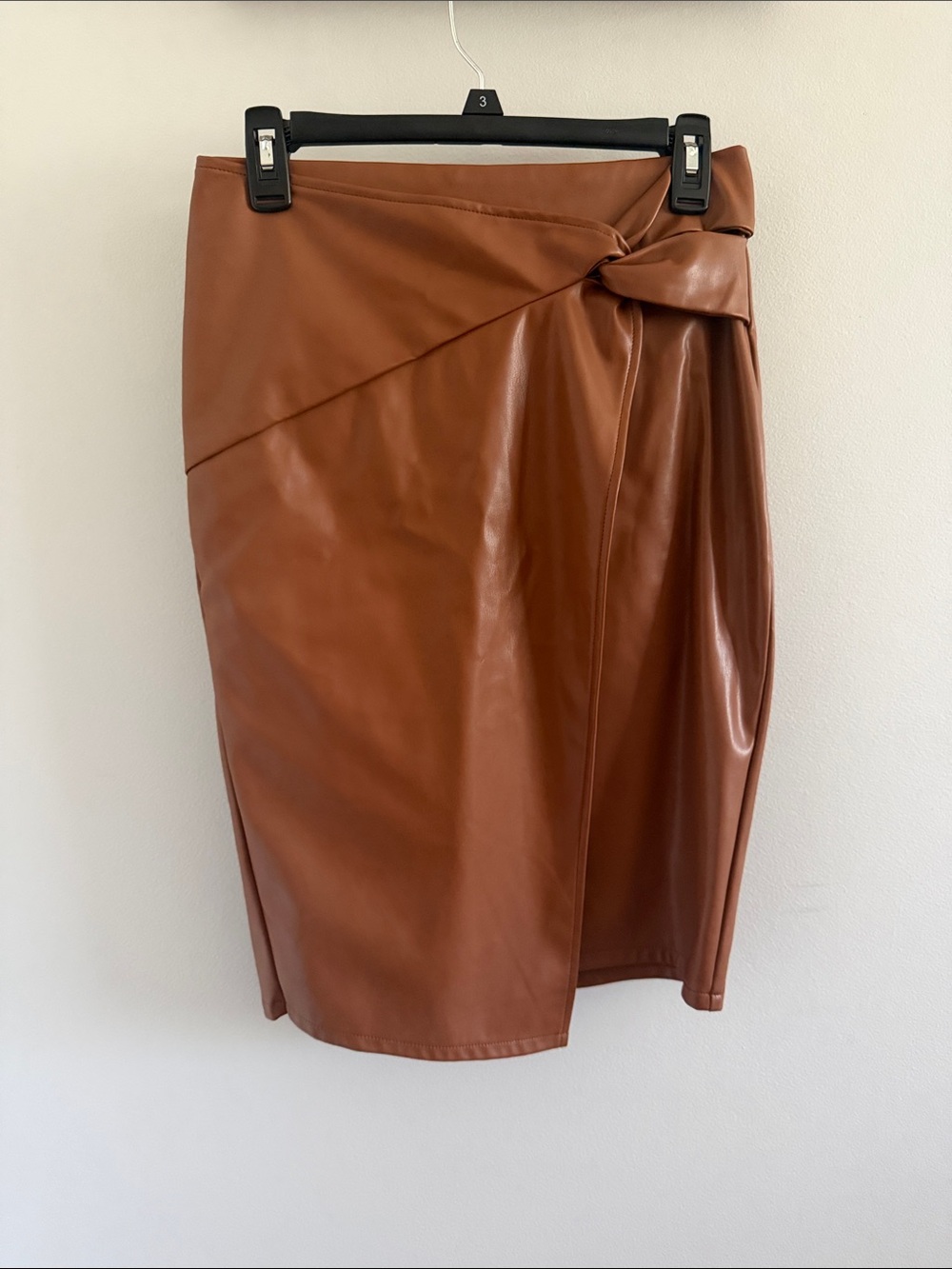 Faux Leather Wrap Pencil Skirt in Cognac